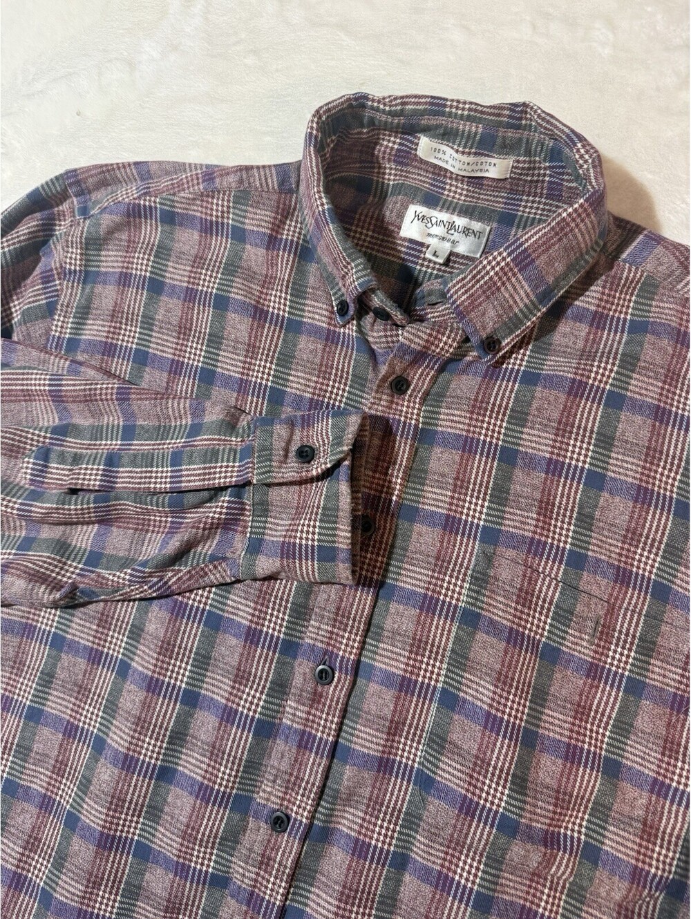 Vintage Yves Saint Laurent YSL Mens Plaid SZ L Button Down Long Sleeve
